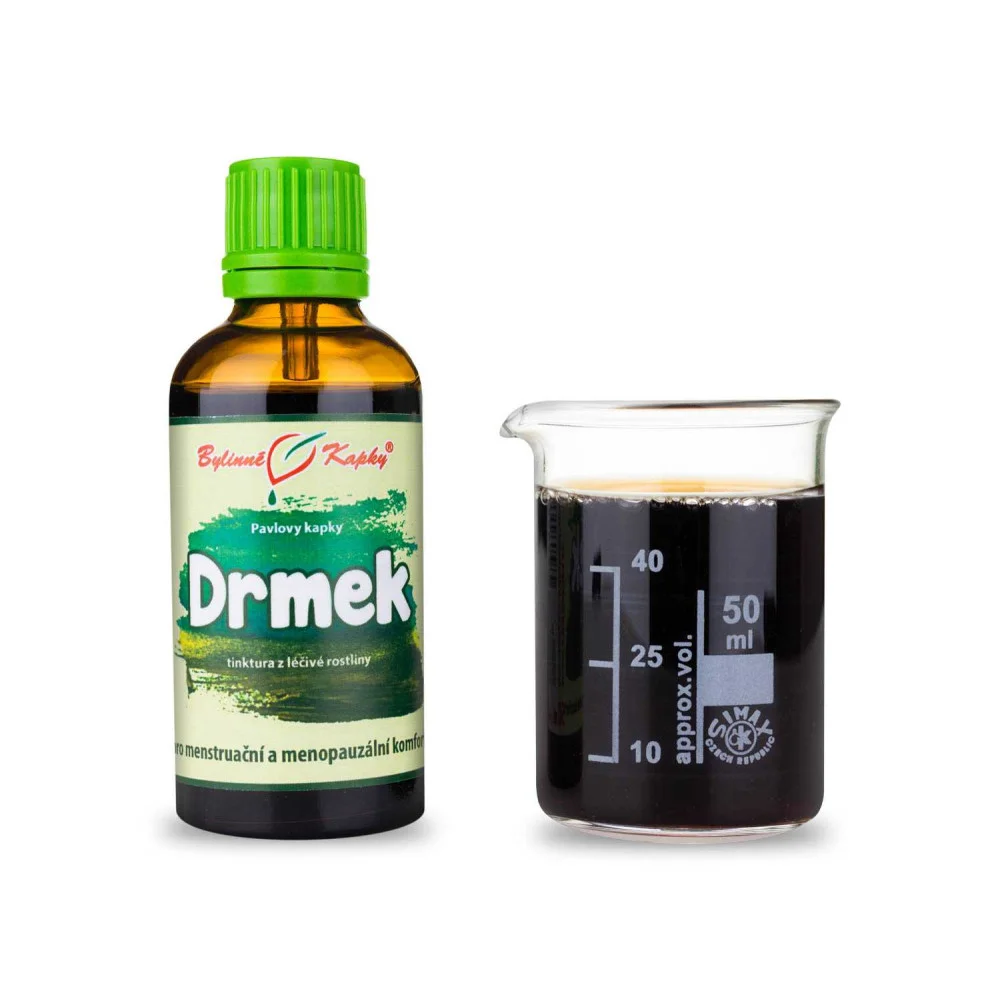 Drmeek bylinné kapky v lahvičce s měřicí skleničkou