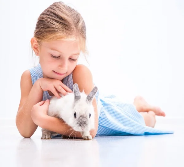 Dívka hladí malého králíčka na podlaze.
