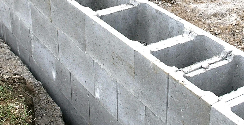 Stěna z betonových cihel v průběhu stavby