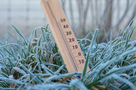 Termometer ukazuje mrazivou teplotu na zmrzlé trávě.