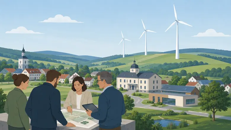 Větrné turbíny na kopci s lidmi plánující využití větrné energie.