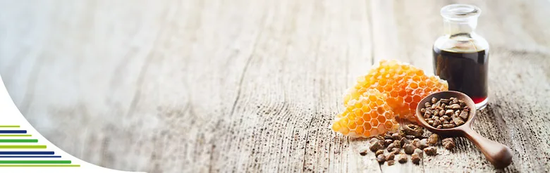 Propolis, medová plástve a tekutý extrakt na dřevě.