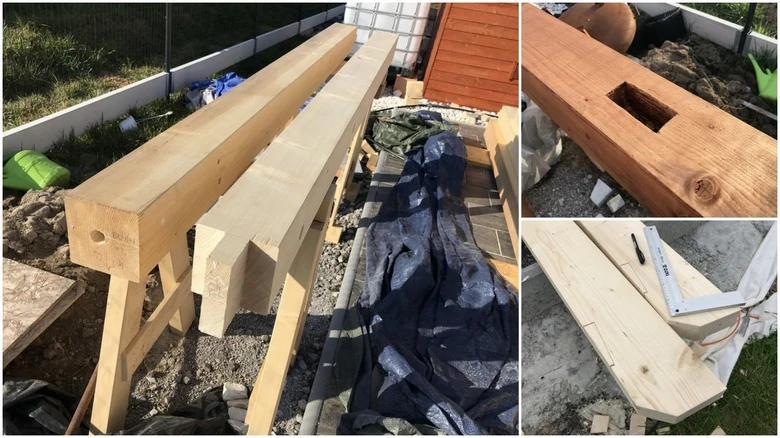 Dřevěné nosníky s tesařskými spoji pro pergolu