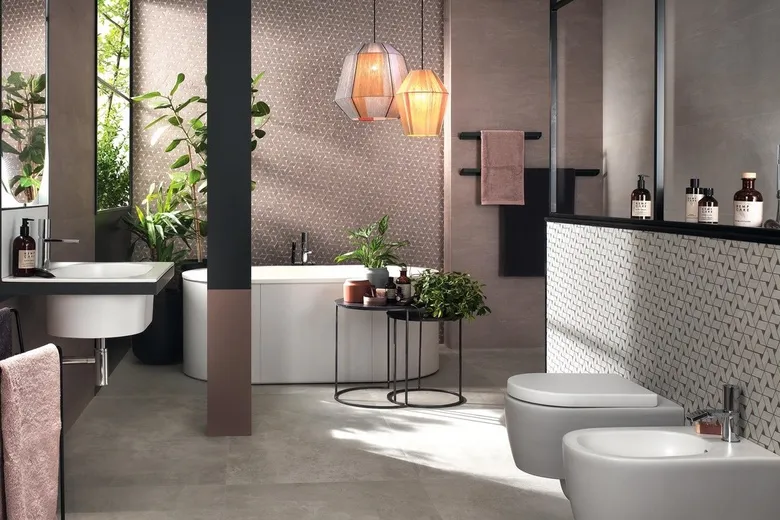 Rektifikovaná dlažba v moderním koupelnovém interiéru