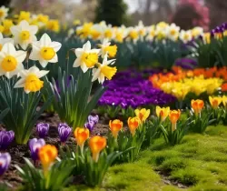 Jarní květiny na zahradě – narcisy, krokusy a tulipány