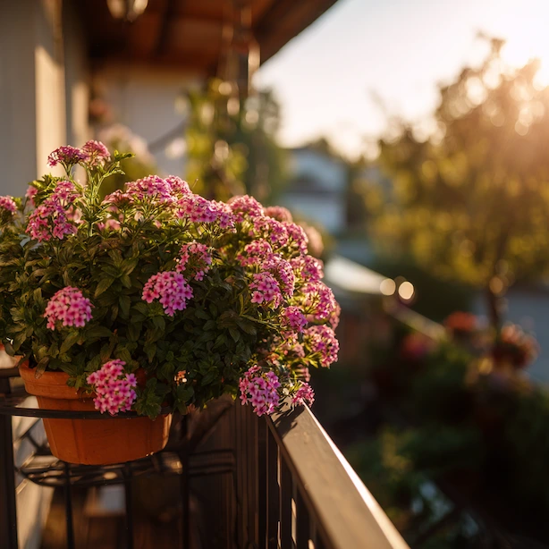 Rostlina verbena v květu na balkóně při západu slunce.