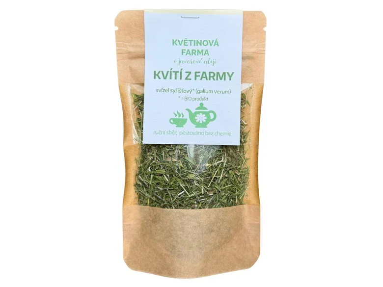 Svízel syřišťový v balení od farmy s logem květinové farmy