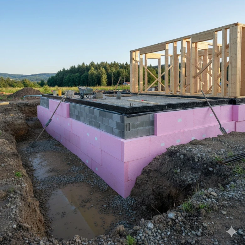 Zateplený sokl domu s růžovou izolací při stavbě