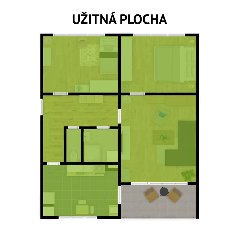 Plán bytu ukazující užitnou plochu s nábytkem a místnostmi