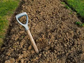 Kopáč v jílovité půdě připravené pro zahradu