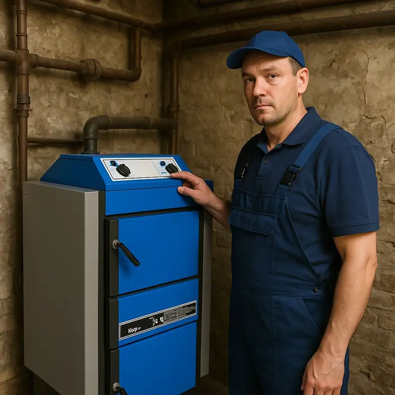 Technik u kotla v technické místnosti
