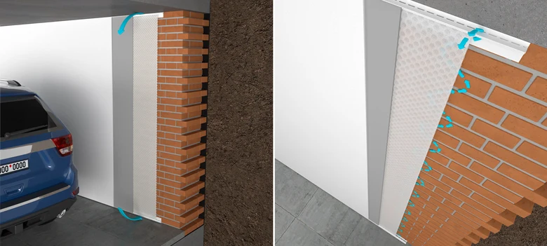 Detail ukončení nopové folie na stěně
