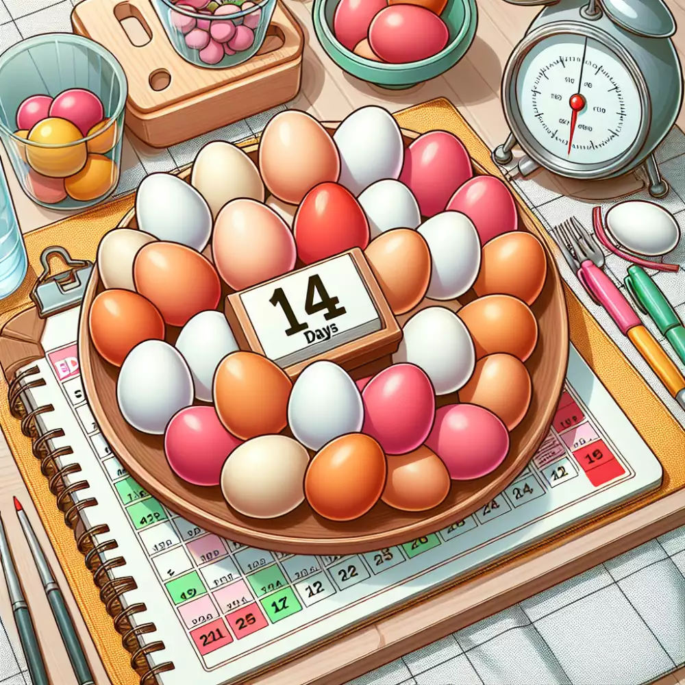 Ilustrace vajíčkové diety s vejci a kalendářem na 14 dní.