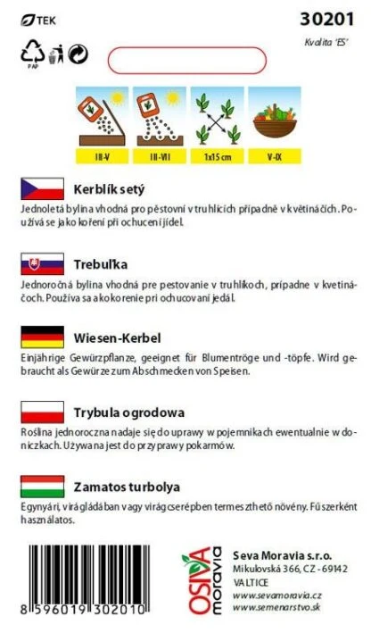 Sáček semen kerblíku se symboly pěstování.