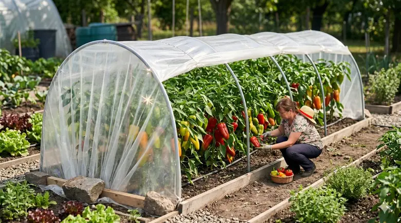 Žena sklízí papriky ve skleníku