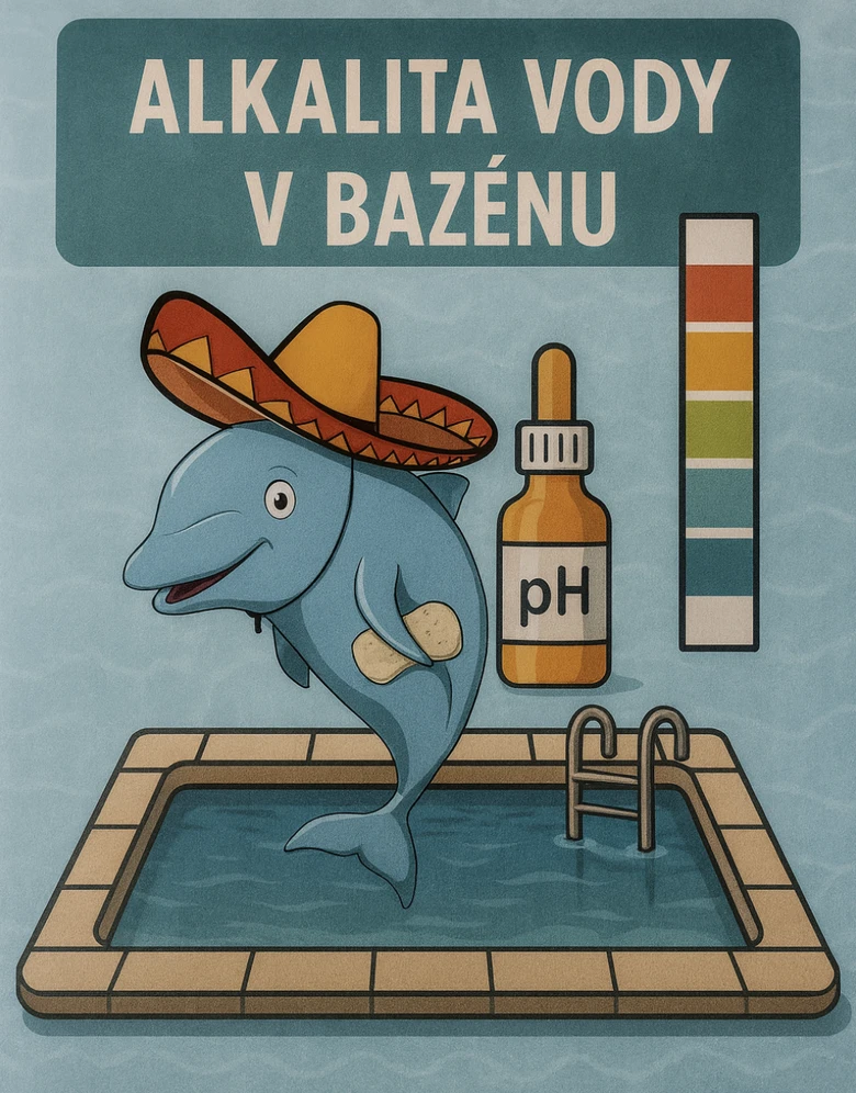 Delfín s kloboukem u bazénu měří pH vody