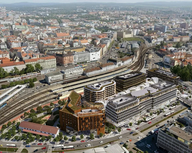 Moderní komplex Dornych v Brně s zelenými střechami