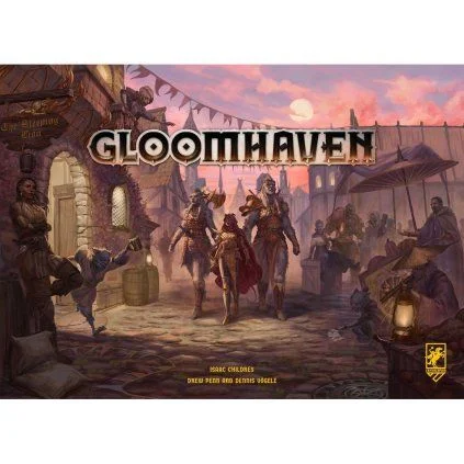 Obal deskové hry Gloomhaven s postavami v městské ulici