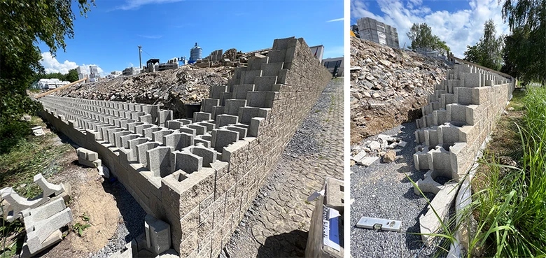 Zpevnění svahu pomocí betonových bloků v korbách
