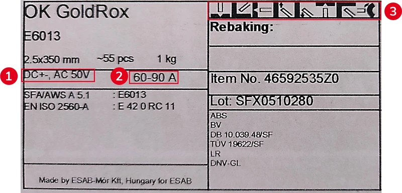 Balík elektrod s technickými parametry pro svařování.