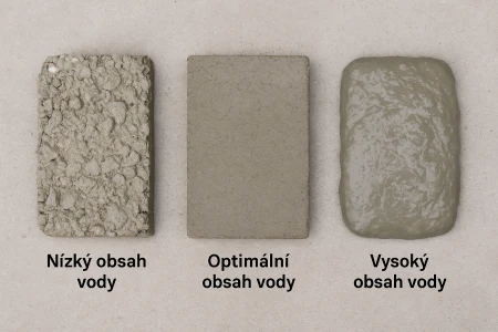 Tři ukázky betonu s různým obsahem vody