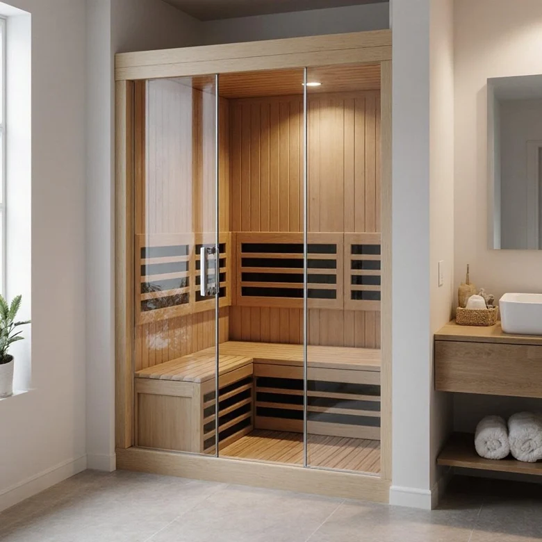 Modern dřevěná sauna v koupelně s skleněnými dveřmi.