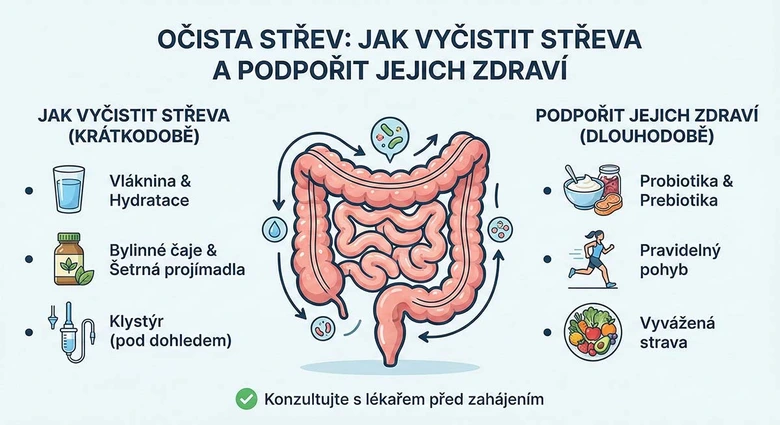 Infografika o čištění střev s radami pro zdraví trávicího systému.