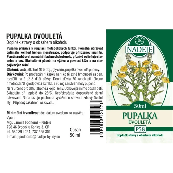 Etiketa doplnku stravy s pupalkou dvouletou