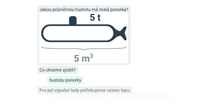 Podmornice s hmotností 5 tun a objemem 5 m³ pro výpočet hustoty.