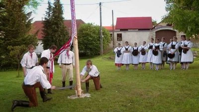 Tradice prvního máje: zvedání květinového sloupku.