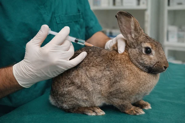 Veterinář podává injekci králíkovi v ordinaci.