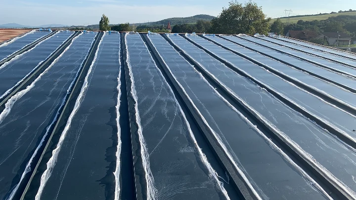 Střecha s okapy a střešní krytinou na budově.