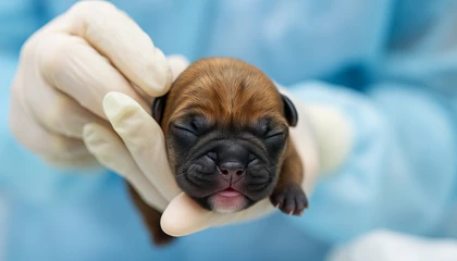Malé štěně v rukou veterináře před očkováním