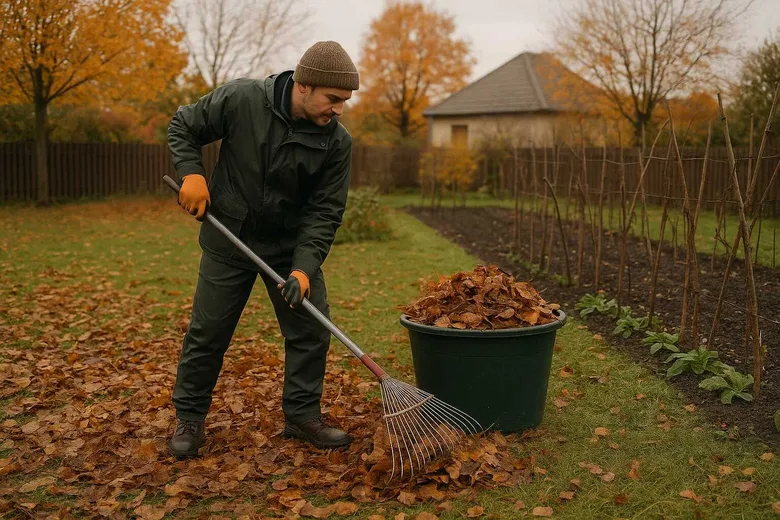 Muž sbírá podzimní list do koše v zahradě.