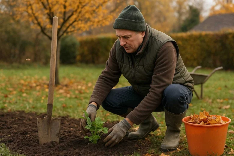 Muž s rukavicemi vysazuje sazenici do půdy v podzimní zahradě.
