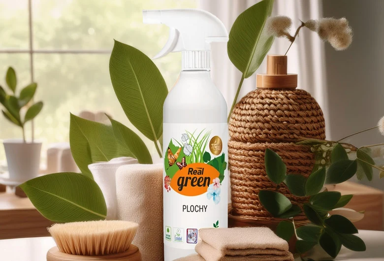 Bílá ekologická sprejová láhev Real Green s přírodními doplňky pro jarní úklid.