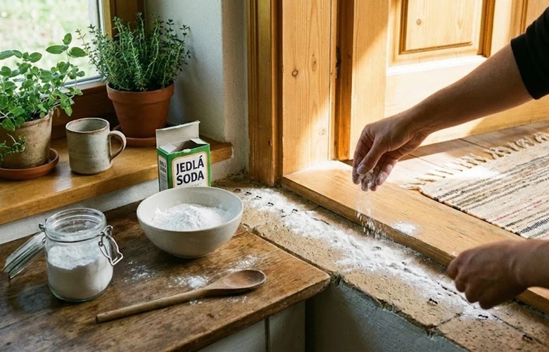 Rozprašování jedlé sody na dřevěném okenním parapetu vedle nádob.