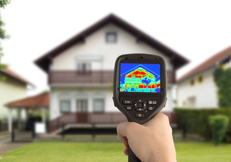 Termokamera ukazuje tepelné ztráty na domě pro úsporu energie.