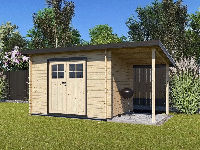 Moderní dřevěný zahradní domek s přístřeškem vhodný pro bydlení.