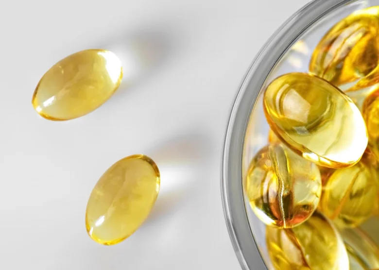 Žluté želatinové tobolky s vitamínem D v skleněné mísce.