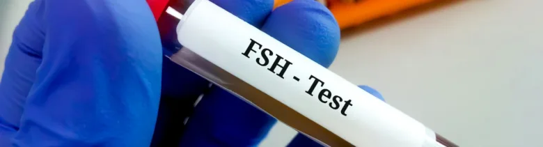 Krevní vzorek s nápisem FSH-test držaný rukou v modrých gumových rukavicích.
