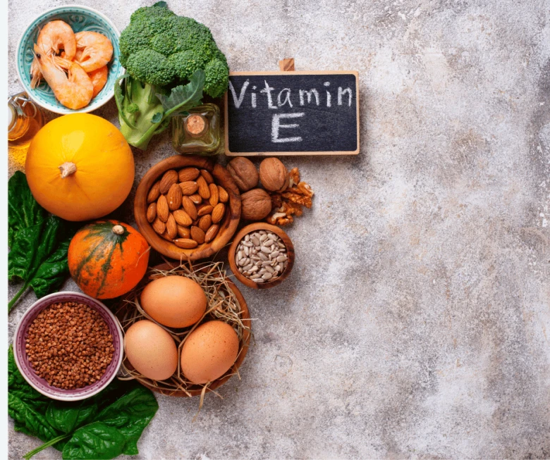 Různé potraviny bohaté na vitamín E jako ořechy, vejce a brokolice.