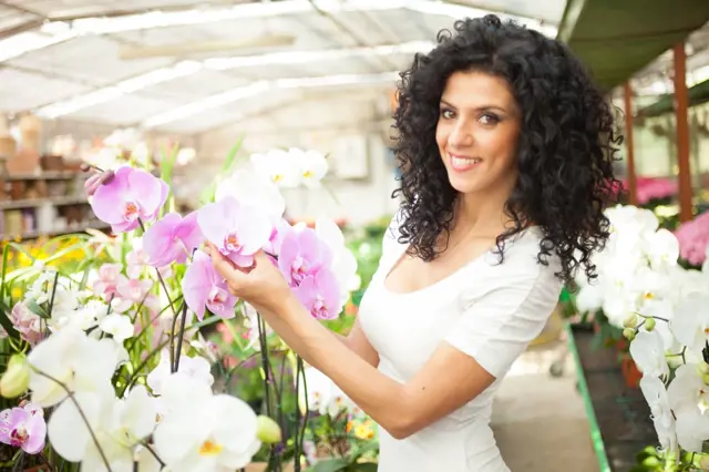 Žena drží fialové orchideje v skleníku plném kvetoucích rostlin.