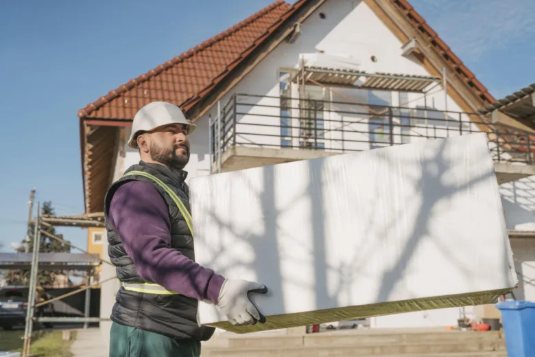 Stavebník nosí panel pro zateplení střechy.