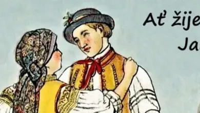 Ilustrace české dvojice v lidových oděvech s textem Ať žije Jan!