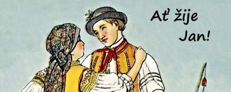 Ilustrace české dvojice v lidových oděvech s textem Ať žije Jan!