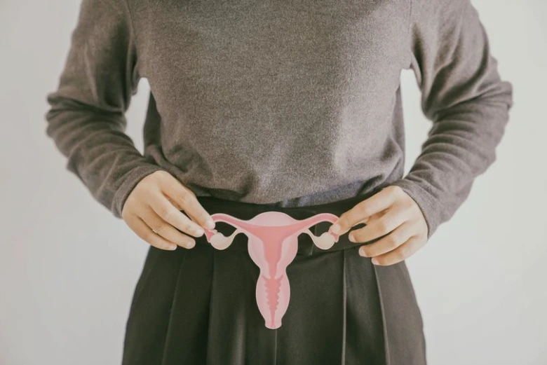 Žena drží model ženských pohlavních orgánů před pasem.
