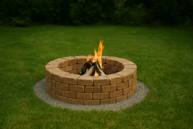 Brick fire pit with flames