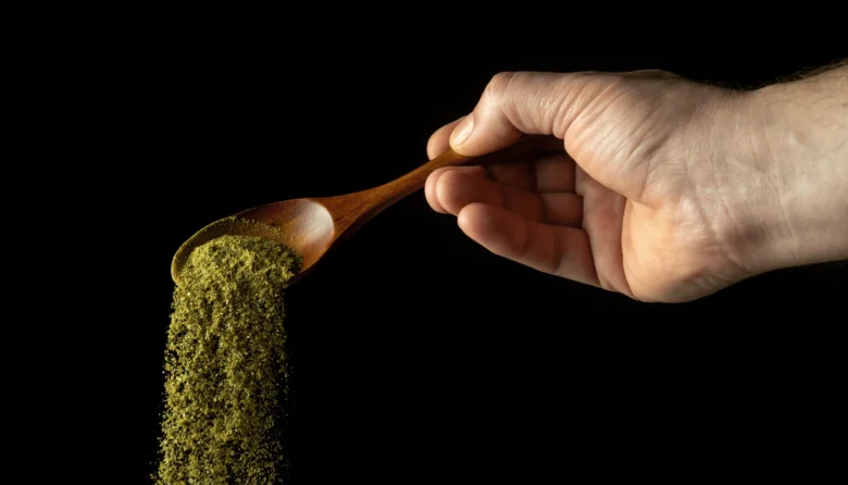Ruka drží dřevěnou lžičku s práškem ze spiruliny.