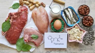 Různé potraviny bohaté na aminokyselinu tryptofan s chemickým vzorcem.